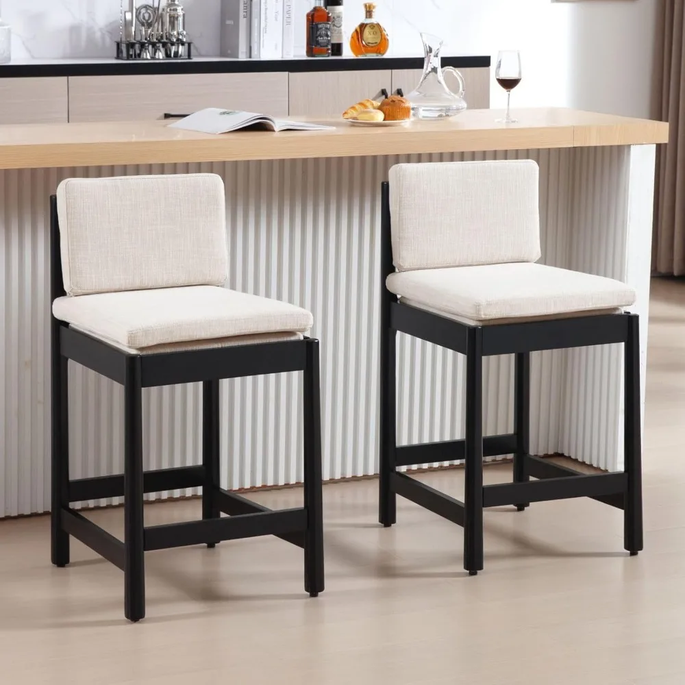 

Wood Counter Stools Beige Fabric Counter Height Bar Stools Set of 2 Upholstered Kitchen Island Chairs with Back 26 Inch Barstool