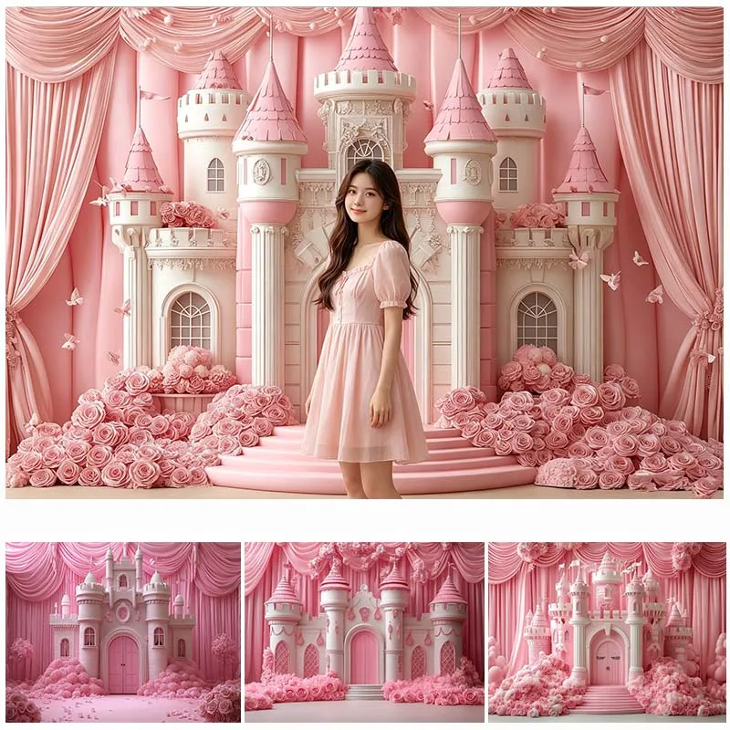 LS Photography Backdrop Pink Balloon Fairy Tale Castle Decoration Girl Princess Birthday Party Background For Photographs
