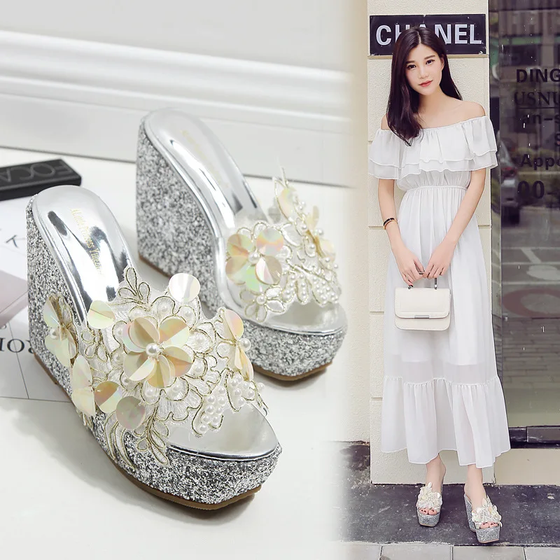 Platform Wedges Slippers High Heels Women\'s Summer Flower Decoration Sandals Fashion Silver Female Casual Gold Shoes Size 34-40