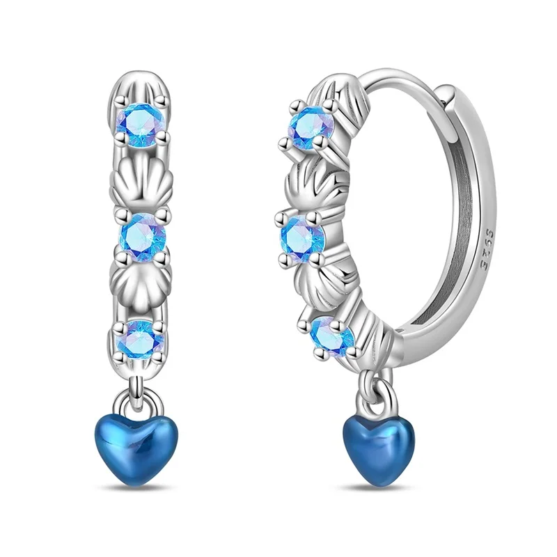 Ohrringe aus 925er-Sterlingsilber, blau, mit kleinem Liebesanhänger, funkelnde CZ-Zirkon-Ohrringe für Frauen, feiner Jubiläumsschmuck, Geschenke