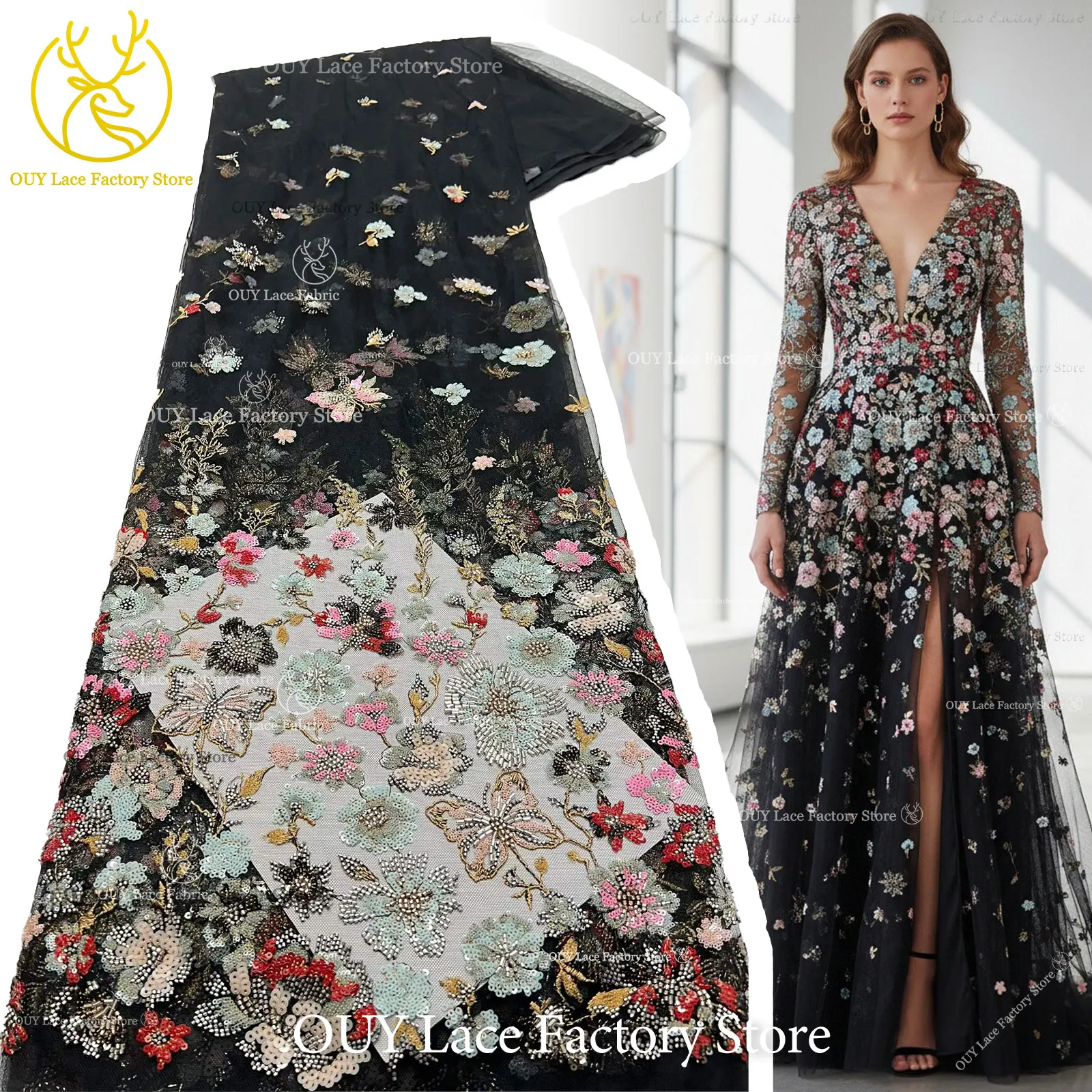 

5 Yards African Handmade Embroidery Beaded Lace Fabric High Quality French Sequins Tulle Lace Nigerian For Bridal Wedding Dress