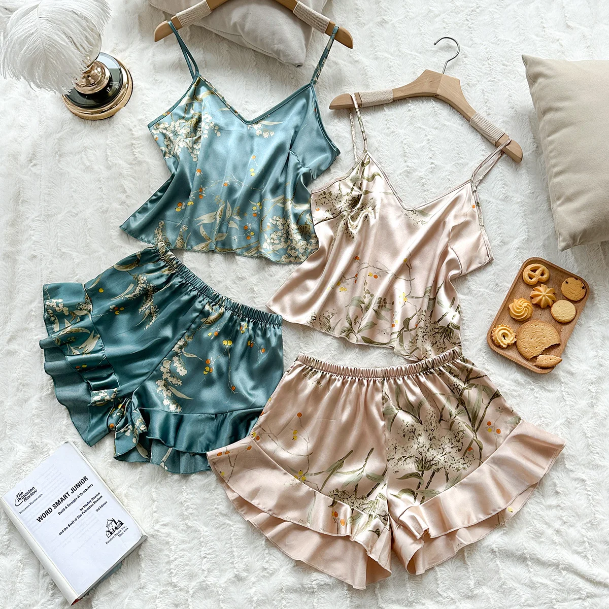 

Cherry print Pajama Set Casual V-neck halters paired with ruffled shorts Satin Women's Sleepwear