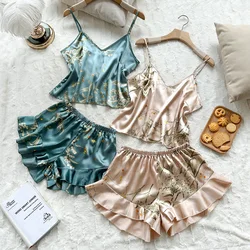 Cherry print Pajama Set Casual V-neck halters paired with ruffled shorts Satin Women's Sleepwear