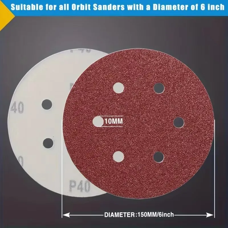 10pcs 6Inch 6Hole Hook And Loop Sanding Discs Sandpaper, 60-600 Grits Sand Paper For Random Orbital Sander