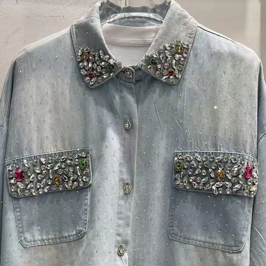 Luxury Sparkle Rhinestones Full Body Hot Drilling Diamonds Denim Blouses Shirts For Women's Autumn Causal Tops Camisas De Mujer