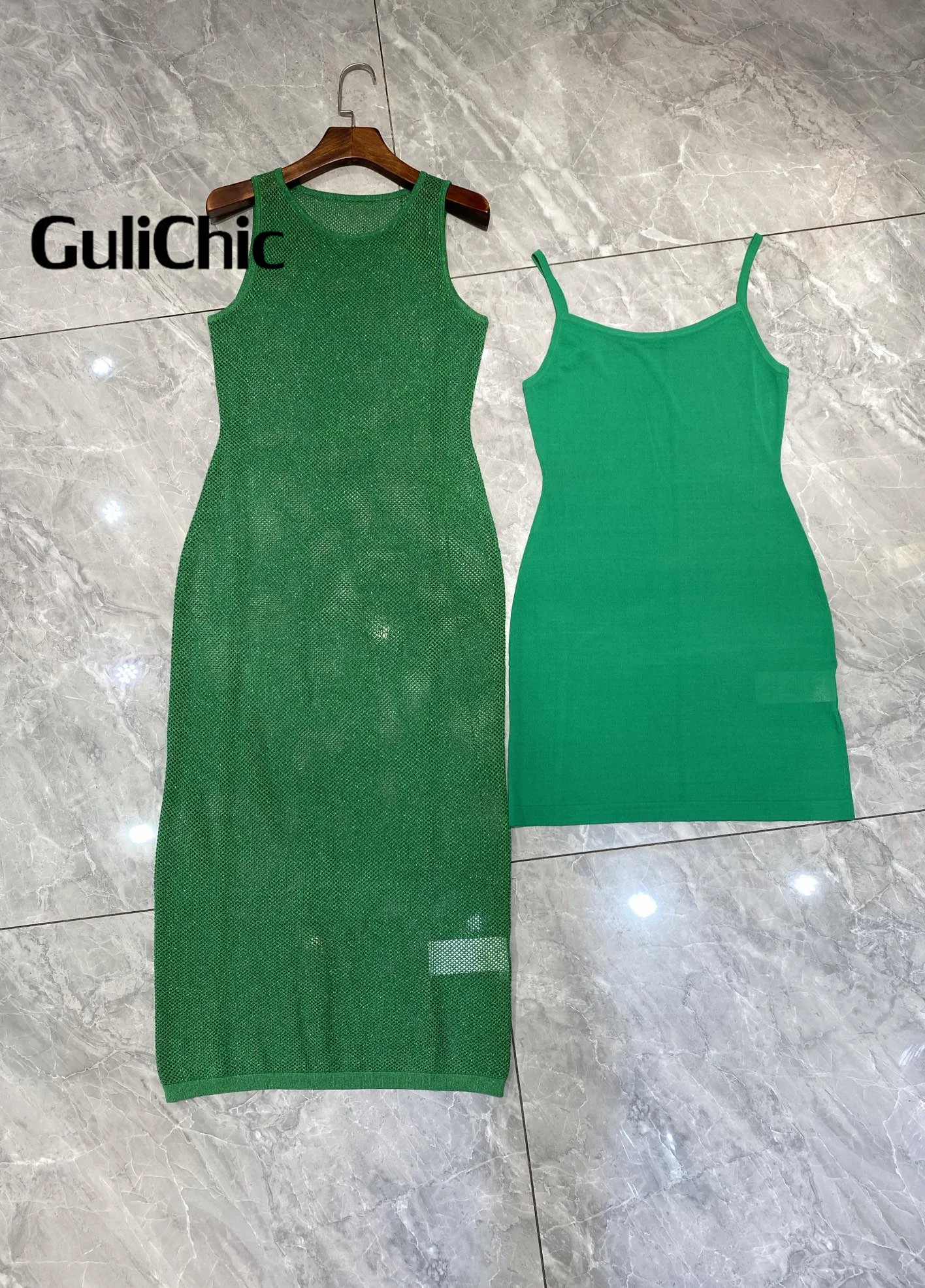 8.25 GuliChic Women Temperament Round Neck Sleeveless Kintted Hollow Out Bright Silk Slim Dress With Strap Lining