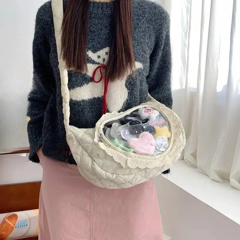 Transparent Heart Pleated Ita Bags Vintage All Match Women Casual Crossbody Bag Fashion Sweet Y2k Aesthetic Shoulder Handbags