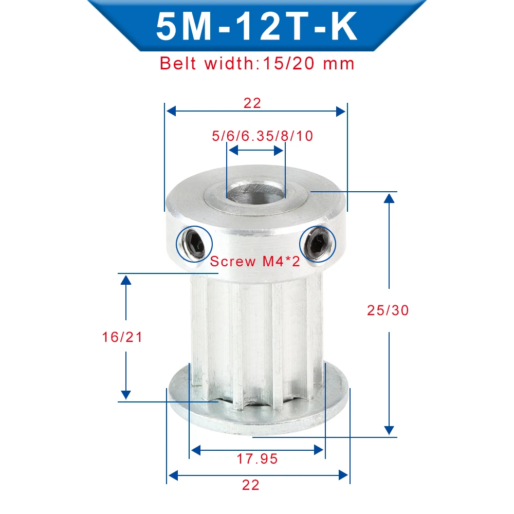 Timing Pulley 5M-12T Inner Bore 5/6/6.35/8/10 mm Aluminum Belt Pulley Slot Width 16/21 mm For Width 15/20 mm 5M-synchronous belt