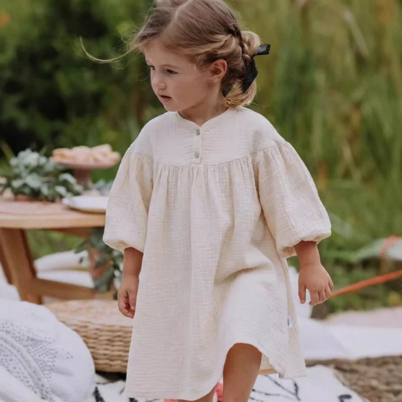 

26Spring new style pure cotton loose lantern long-sleeve dress, cute and versatile children's clothing, solid color dress for ba