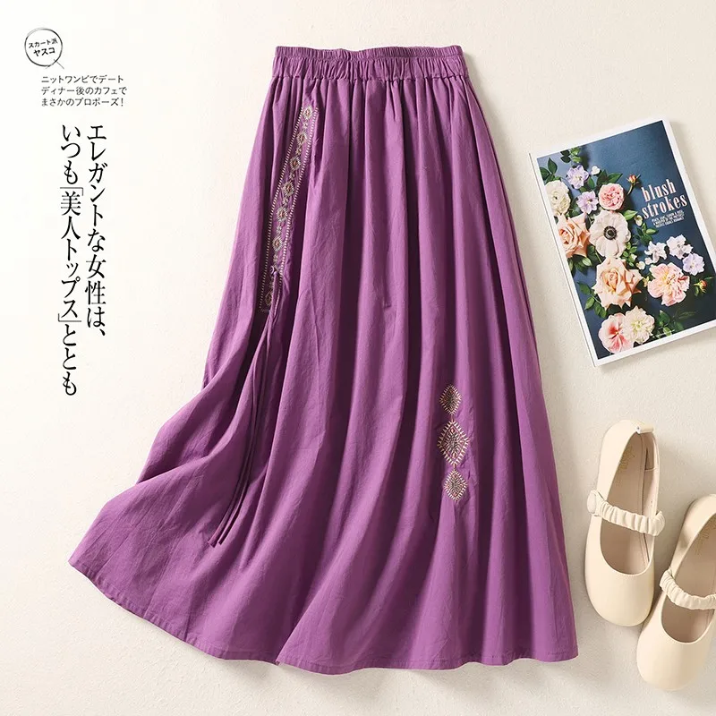 Women Casual Long Skirt New Arrival 2024 Summer Vintage Style Floral Embroidery Loose Elastic Waist Female A-line Skirts B3758