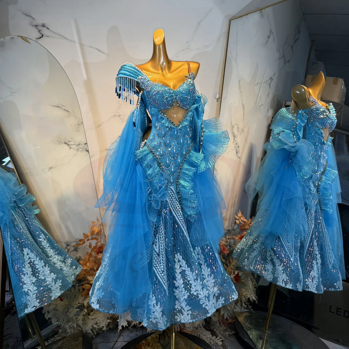 

Latin Modern Dance Diamond Women's High end Customized Dream Blue Printed Mesh Samba Luxury Performance Dress