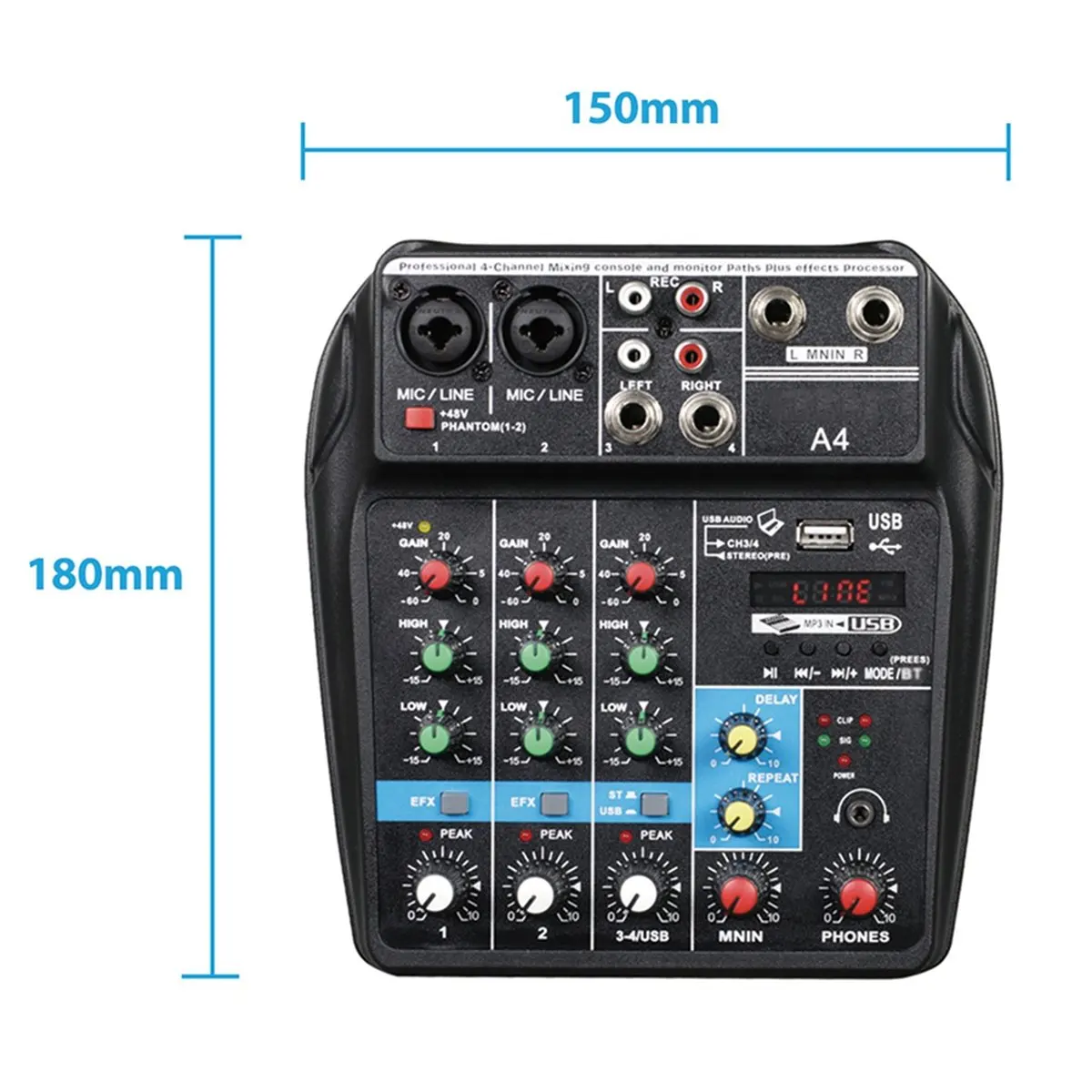 A46U Professional 4 Channel Digital Mixer Sound Card Microphone Mobile Phone Live Broadcast Recording DJ Audio Equipment(US)