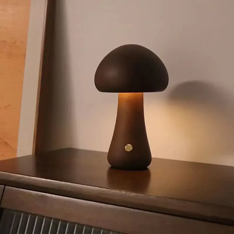 Desktop Lamp Creative Solid Wood Mushroom LED Lights Atmosphere Lamps for Room Decor Nordic Creative Gift Chargeable Table Lamps