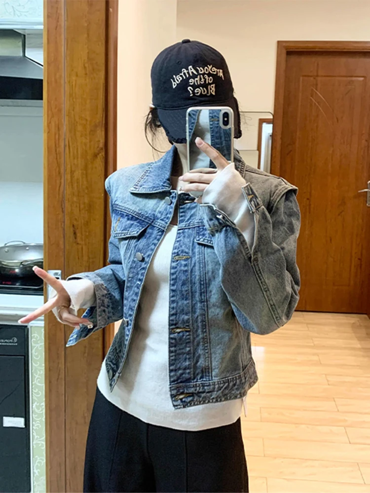 

Denim Coat Long With Fur Womens Spring Velvet Spliced Urban Raglan O-Neck Gentle Balloon Sleeved Romantic Lacework Festival Chic