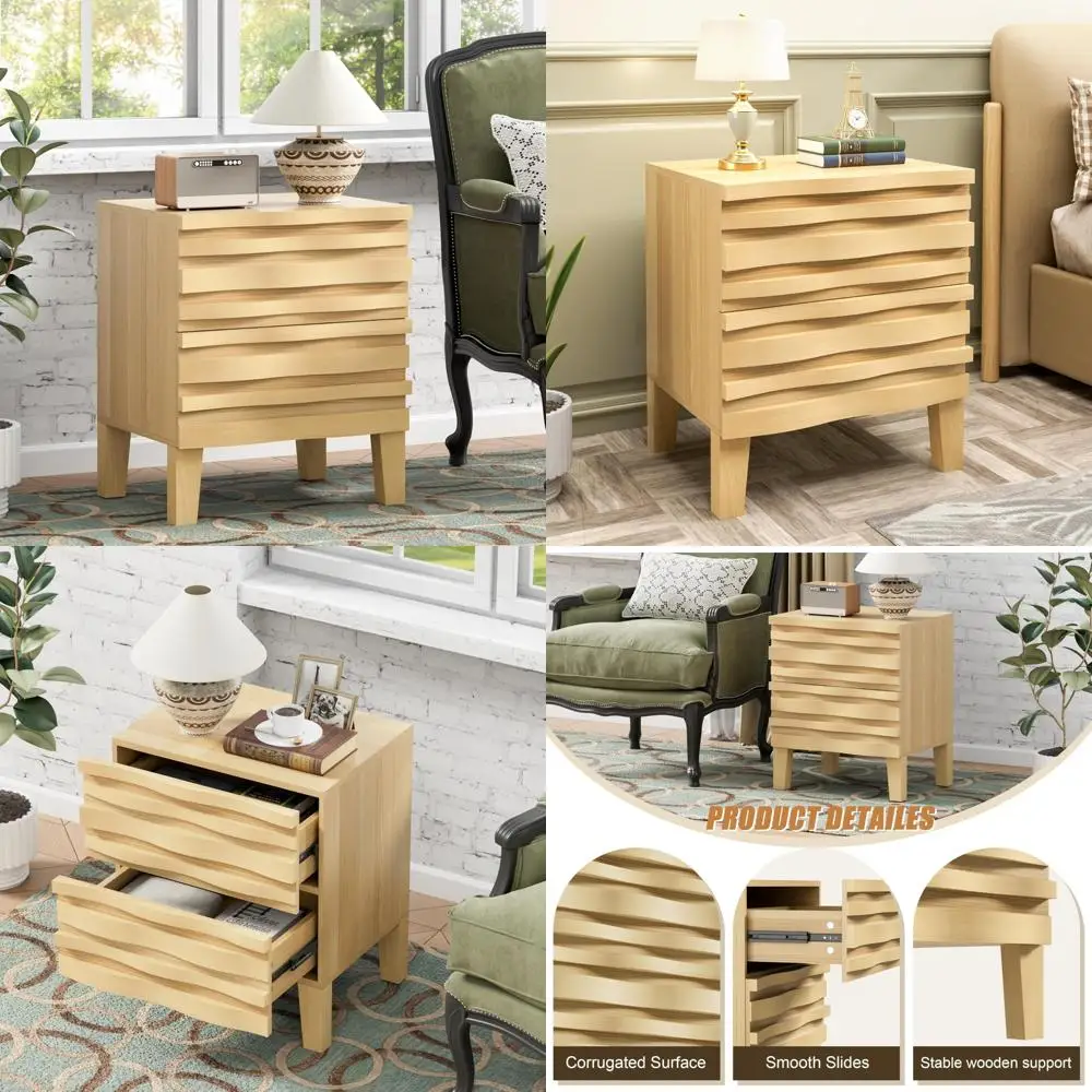 

Современная тумбочка из рифленого дерева середины века, ширина 19,7 дюйма, 2 ящика, шикарный стиль в стиле бохо