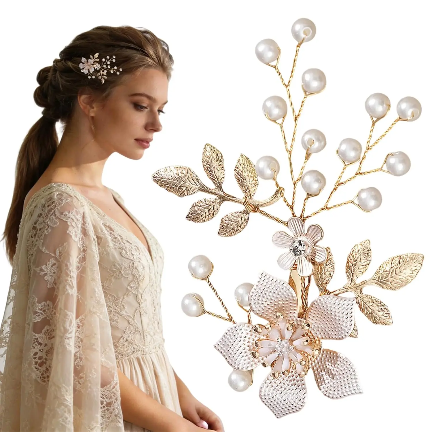 

1pc Pearl Gold Leaf Bridal Hair Clip Elegant Flower Barrettes for Wedding Party Prom Updo Hair Piece for Women Bride Accessory