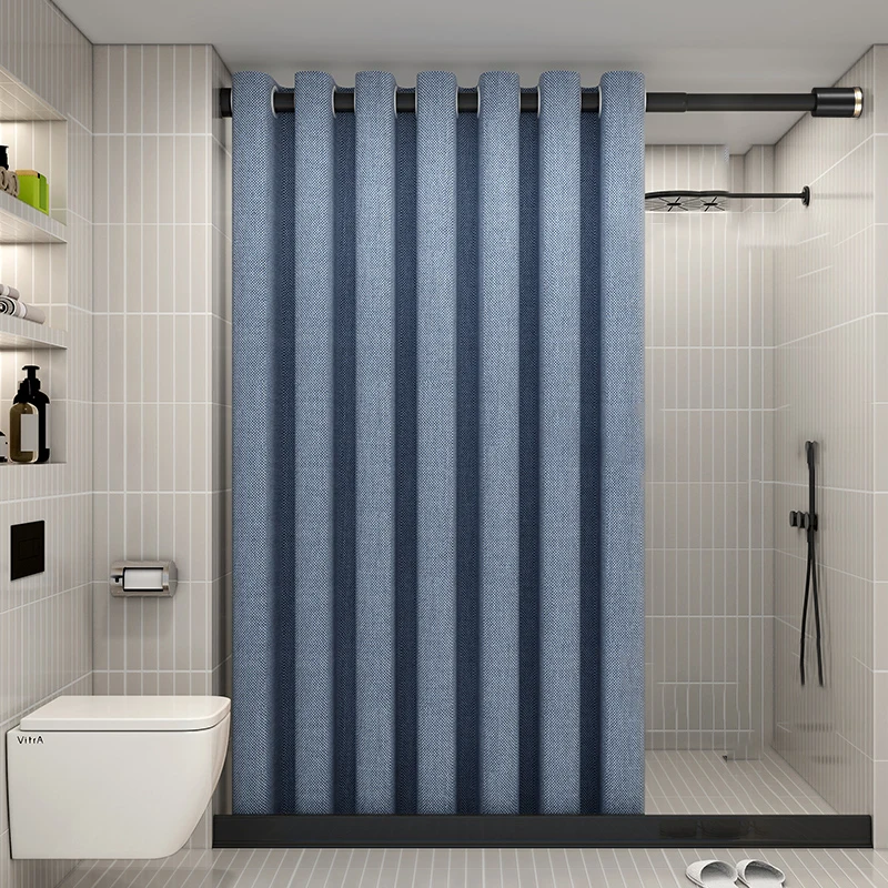 

K-Water Blue Linen Waterproof Fabric Modern Shower Curtains Luxury Hooklees Thickened Solid Color Bath Curtain Bathroom Bathtub