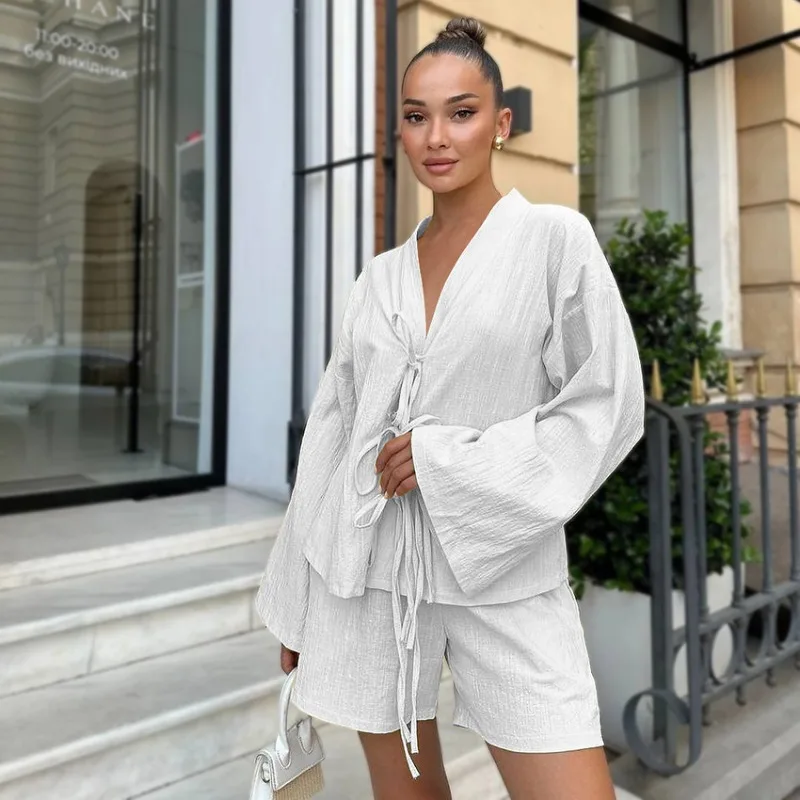 2026 Trendy Casual Women's Loungewear Set Pure Cotton White Long Sleeve Top Loose Trousers Pajamas White Shirt Matching L Size