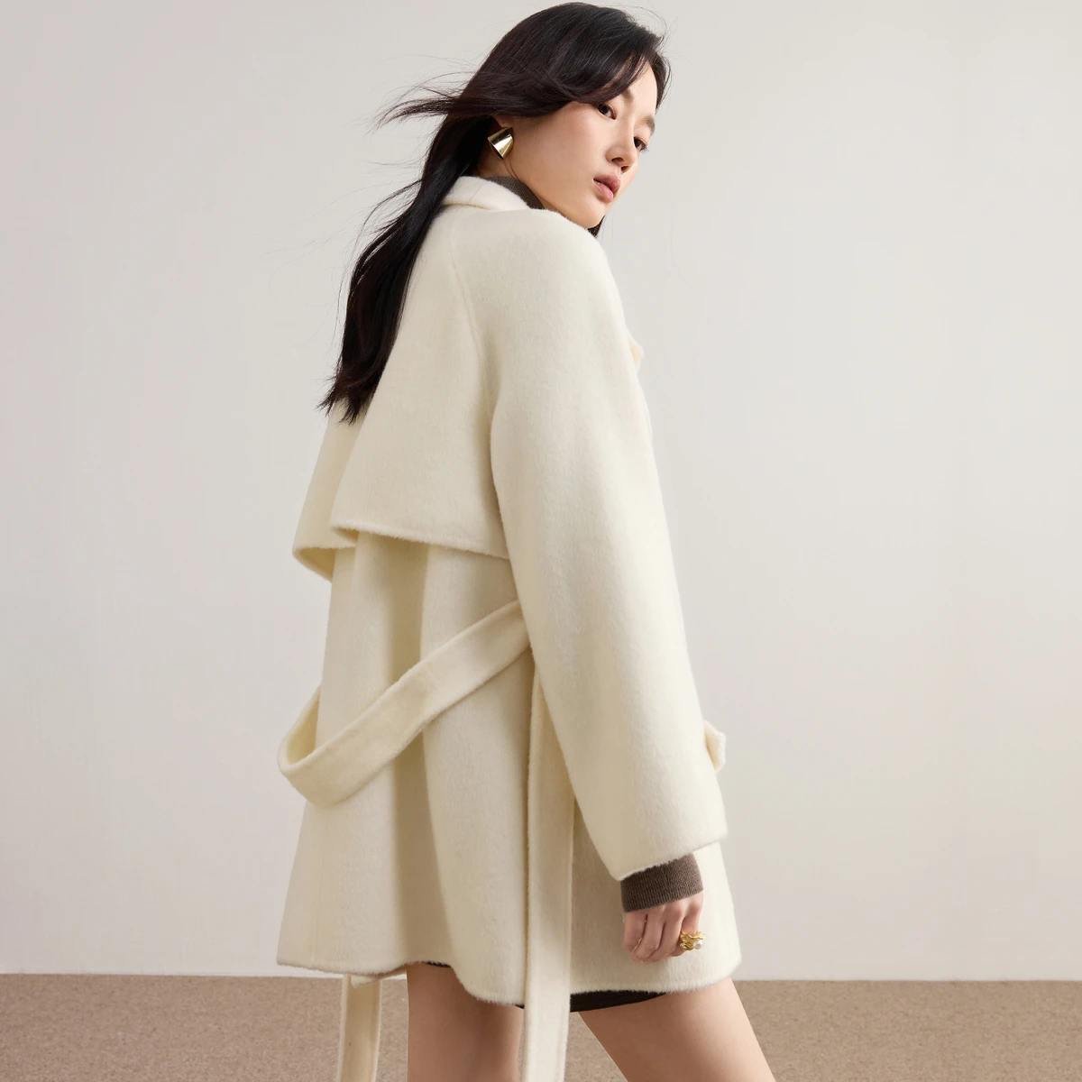 SENTUBILA Women's 100% Wool Coat Ladies Double Faced Belted Overcoat 2025 Winter Stand Collar Warm Outerwear Woman W54OG8765