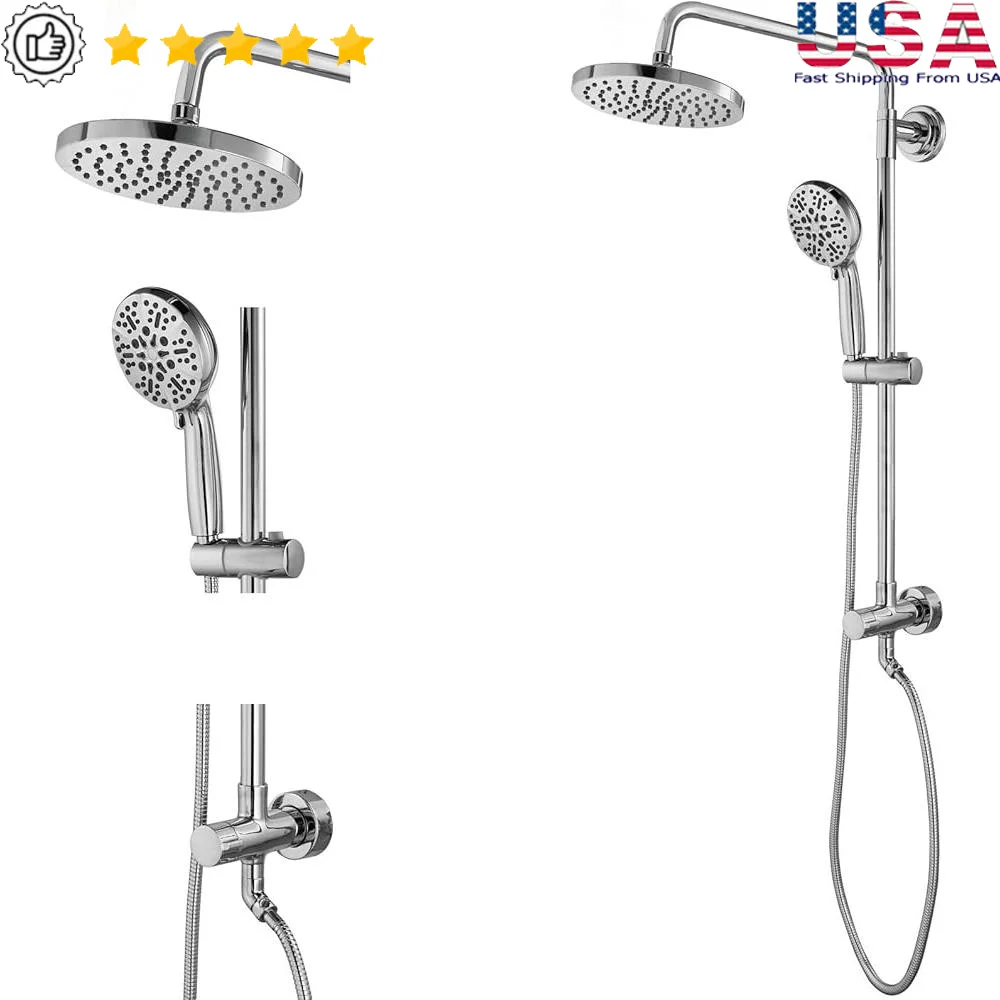 Retrofit Shower System 5 Functions Handheld Sprayer 8 Inch Rain Shower Head Adjustable Slide Bar Easy Installation Bathroom