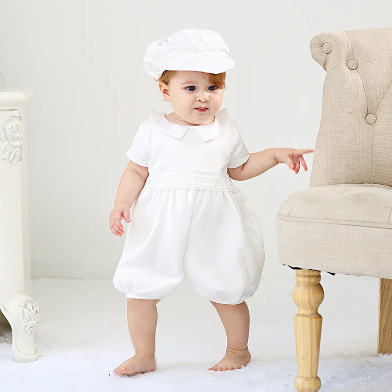 0-24M Party Wear Baby Boy Romper & Hat Baby Girl Clothing Set Summer Fashion Baby Boy Baptism Lace Christening Clothes RBF184011