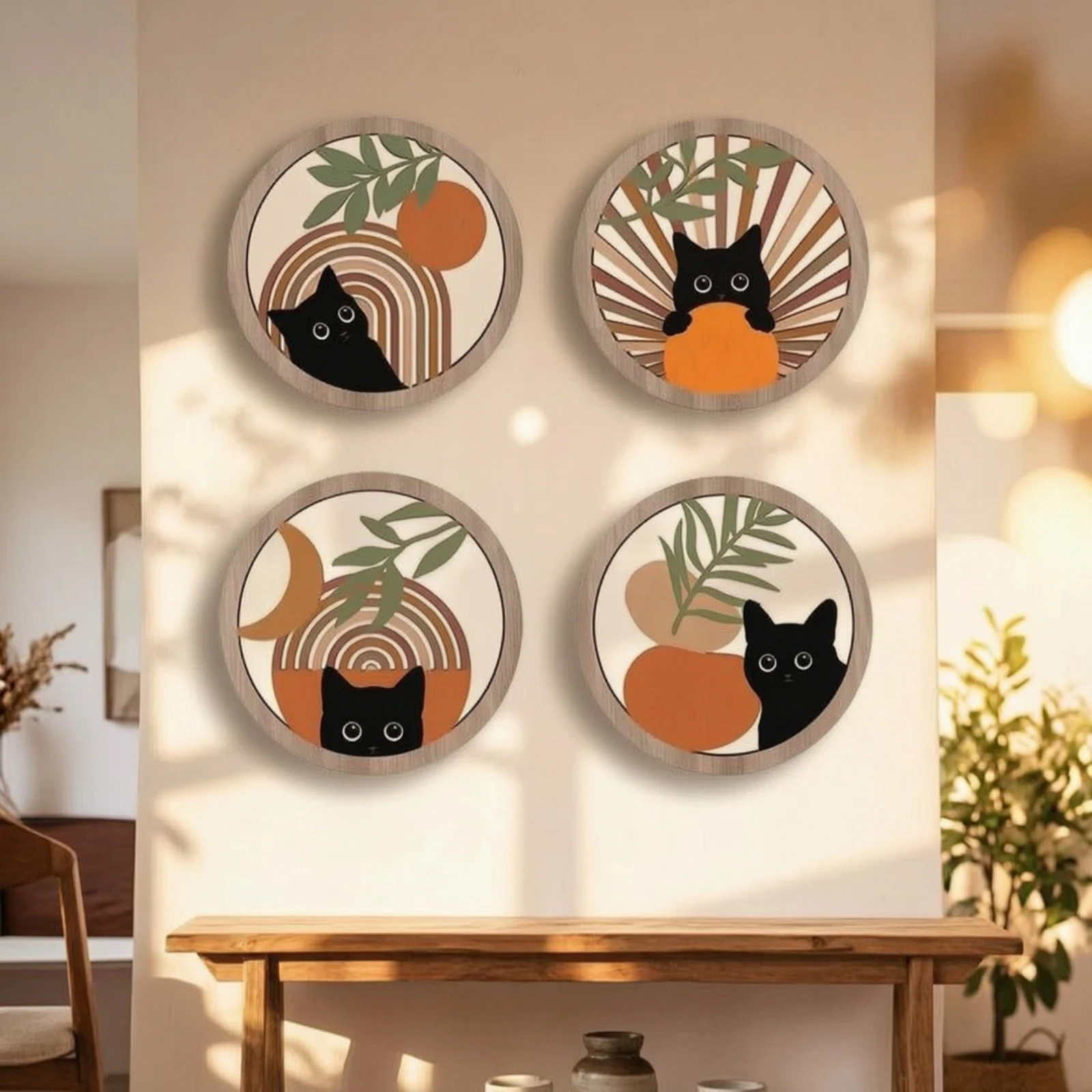 4 Pieces Round Wooden Sign Decorative Printed Wood Plaque Wooden Wall Hanging Rustic Framed Sign Lightweight for Living Room