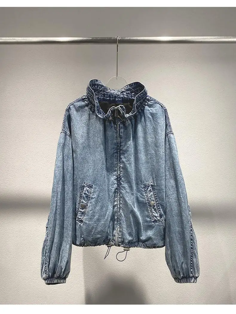 

xandерbird Autumn Winter 2024 Women's High Waist Denim Jaet Vintage Waed Spor Casual Long Sve Cotton Coat
