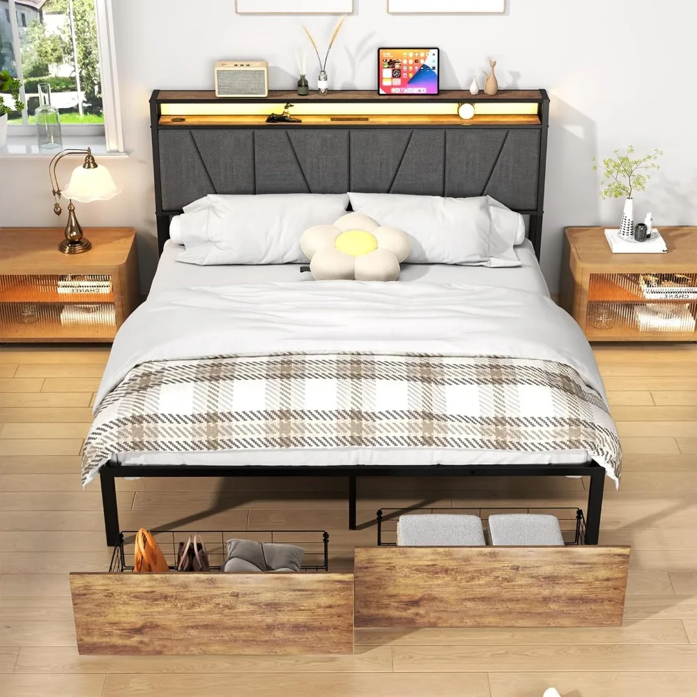 Bed Frame with LED Lights Headboard,Charging Station with 2 USB Ports 2 AC Outlets,Sturdy Wood Framework,Edge Rectangular Slot
