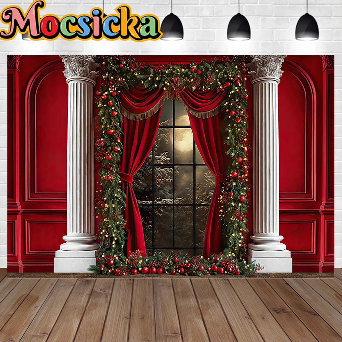 

Mocsicka Christmas Room Window Background Red Wall Curtains Wreath Backdrop Decor Xmas Eve Family Photo Studio Photography Props