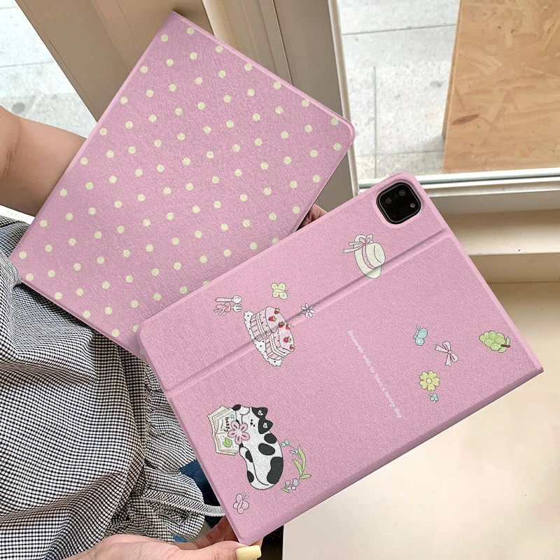 Pink Polka Dots Kitten New Tablet Case For iPad Pro 11 12.9in 13 M4 9.7 10.2 5/6th 7/8/9 10 11th MINI 6 7 Air 5 6 7 Trifold Case