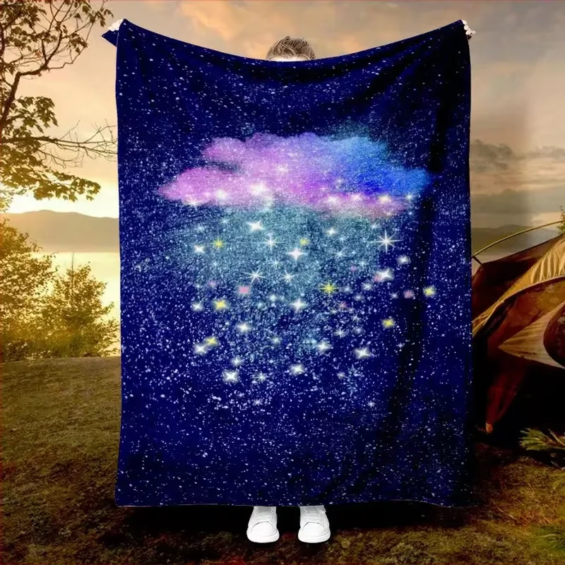 Y2K Pink Four Point Star Flannel Throw Blanket Black Background Glowing Celestial Star Print Soft Cozy Blanket All Season Use