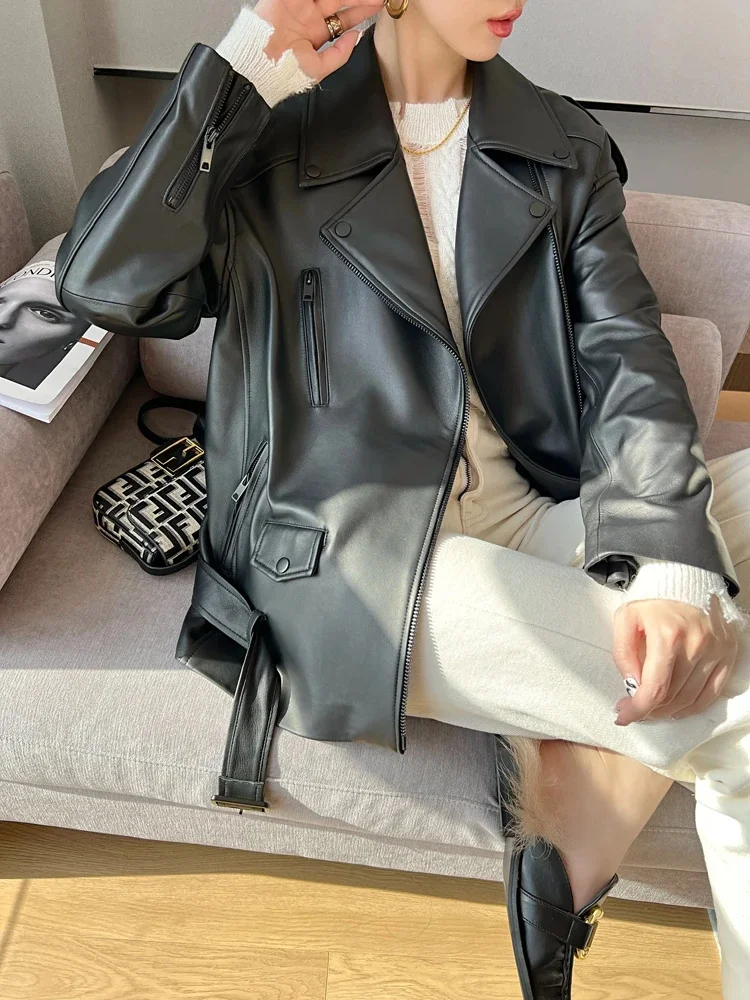 Oversize Mid-length Genuine Leather Jacket for Women 2024 Trend High-end Autumn Winter Motorcycle Sheepskin Coats