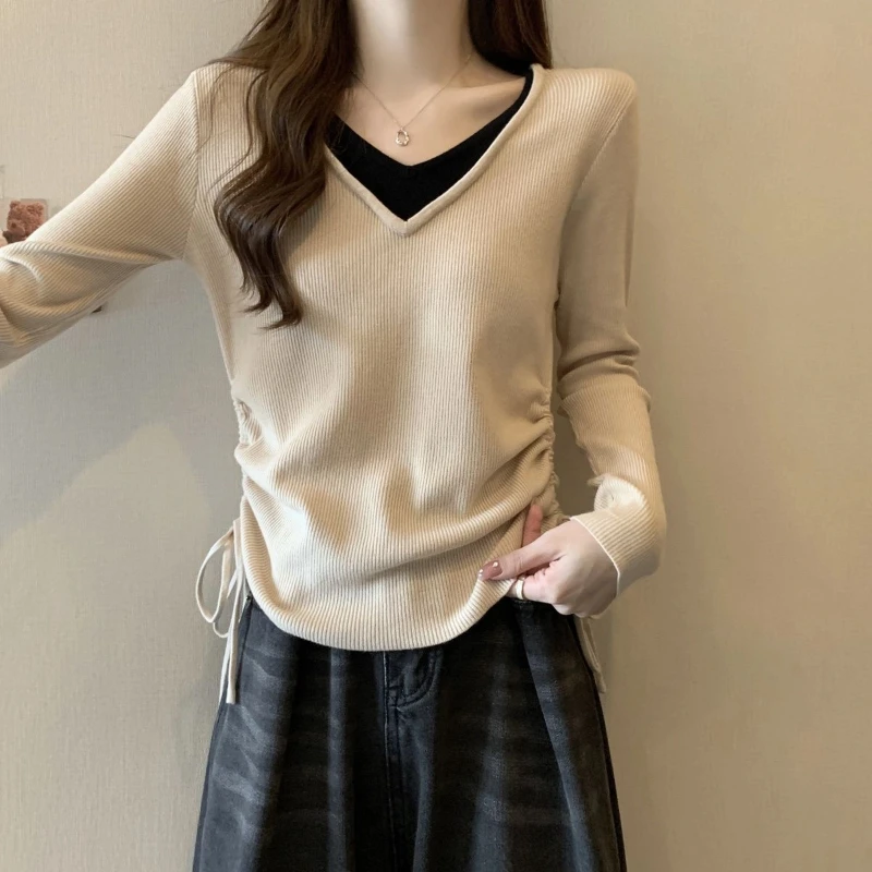 

Fashion Plus Size Fake Two Pieces Tops Spring Autumn Trend Long Sleeve Drawstring Korean T Shirts Casual Sweet Women Clothing