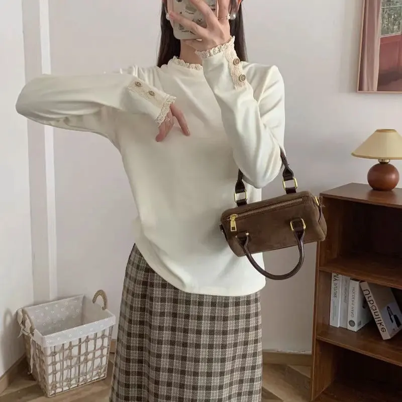 

Autumn Winter Korean Lace Spliced Pullovers Sweet Female Clothing Solid Color Basic Half High Collar Casual Long Sleeve T-shirts