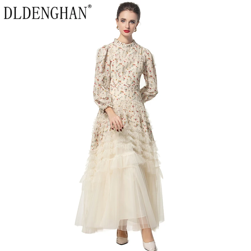 

DLDENGHAN сетчатое лоскутное длинное платье для женщин с круглым вырезом и рукавами-фонариками, оборками и цветочным принтом, винтажные вечерние платья, модная осень