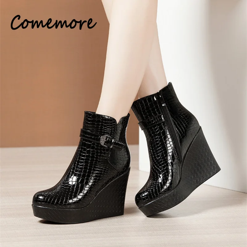 Comemore Women Casual Wedges Platform Ankle Boots Leather Shoes Woman Heel Designer Boots Black High Heels Women\'s Heeled Shoe