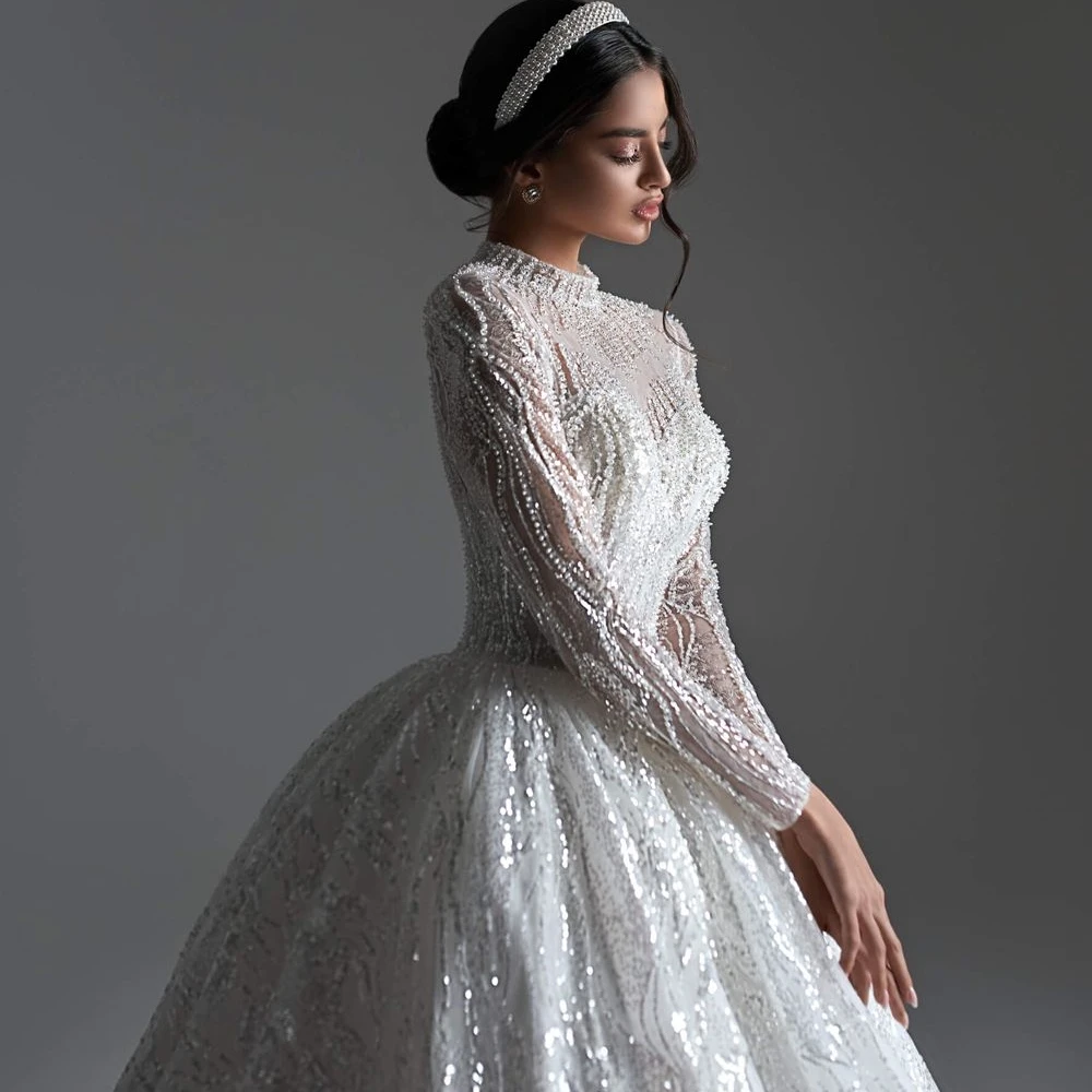 2025 vestido De novia con cuentas De lentejuelas ilusión bata De novia De manga larga vestido De baile exquisito vestido De novia bata personalizada De boda