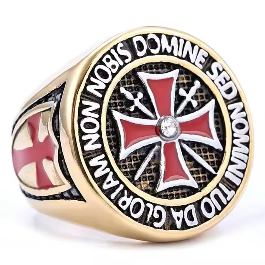 Mens Stainless Steel Gold Silver Diamond Ring Red Knight Templar Crusader Cross Ring Domineering shield Templar Knight Ring