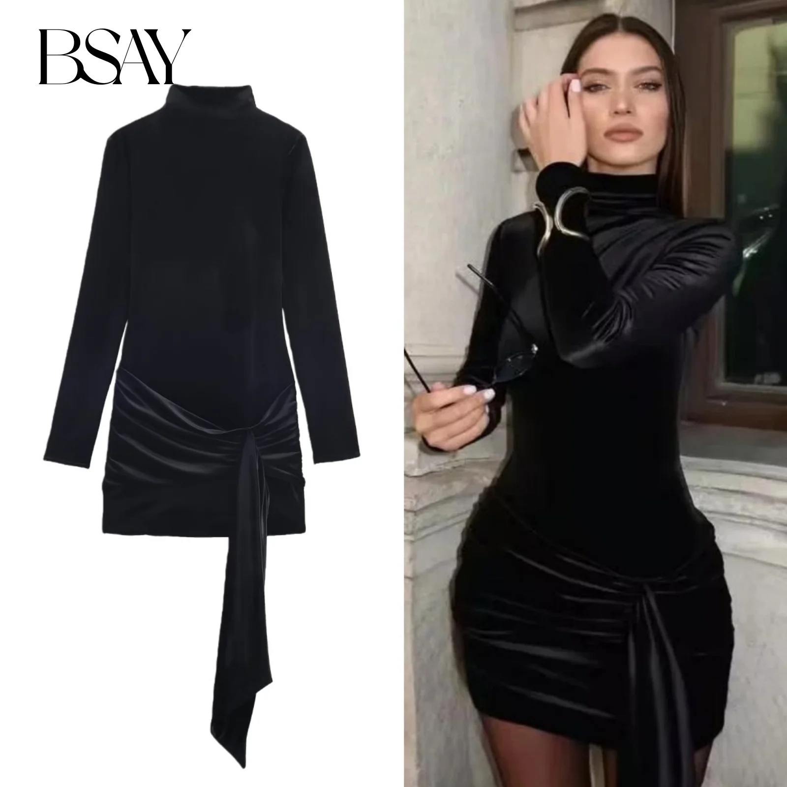 BSAY Samt Kurzes Kleid frauen kleidung Mode Herbst Winter Neue Zurück Zip Gürtel Lange Ärmel Frankreich Weibliche Abendkleider