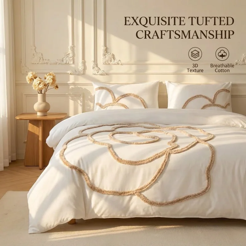 Luxury Tufted Rose Duvet Cover Set Soft Polyester Tufting 3D Flower Quilt Cover+Pillowcas Elegant Home Wedding Bed Linens Full