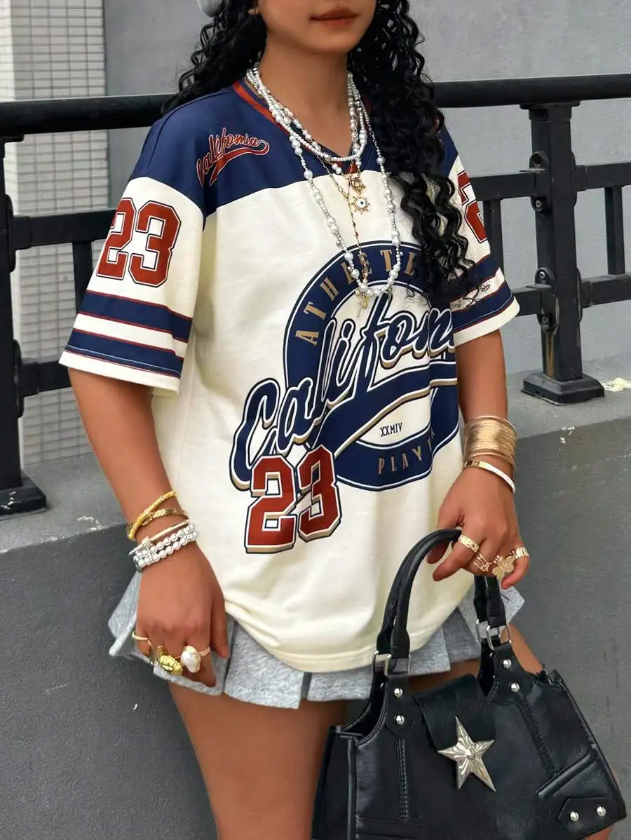 

Женская футболка с V-образным вырезом и коротким рукавом, с принтом California 23, повседневная летняя уличная одежда