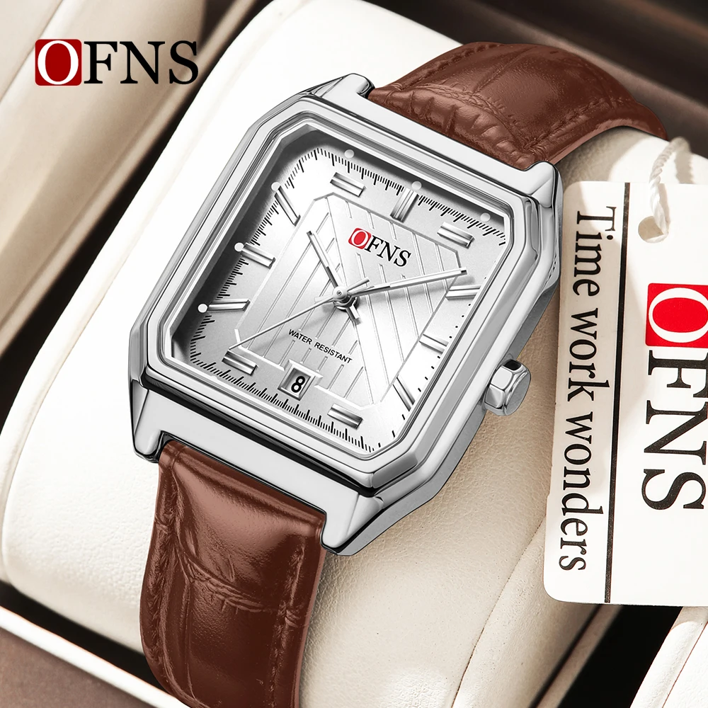 Zegarek Quartz OFNS 1623. Повседневный, простой квадратный циферблат, календарь, водонепроницаемый, кожаный ремень, модный спортивный zegarek n.