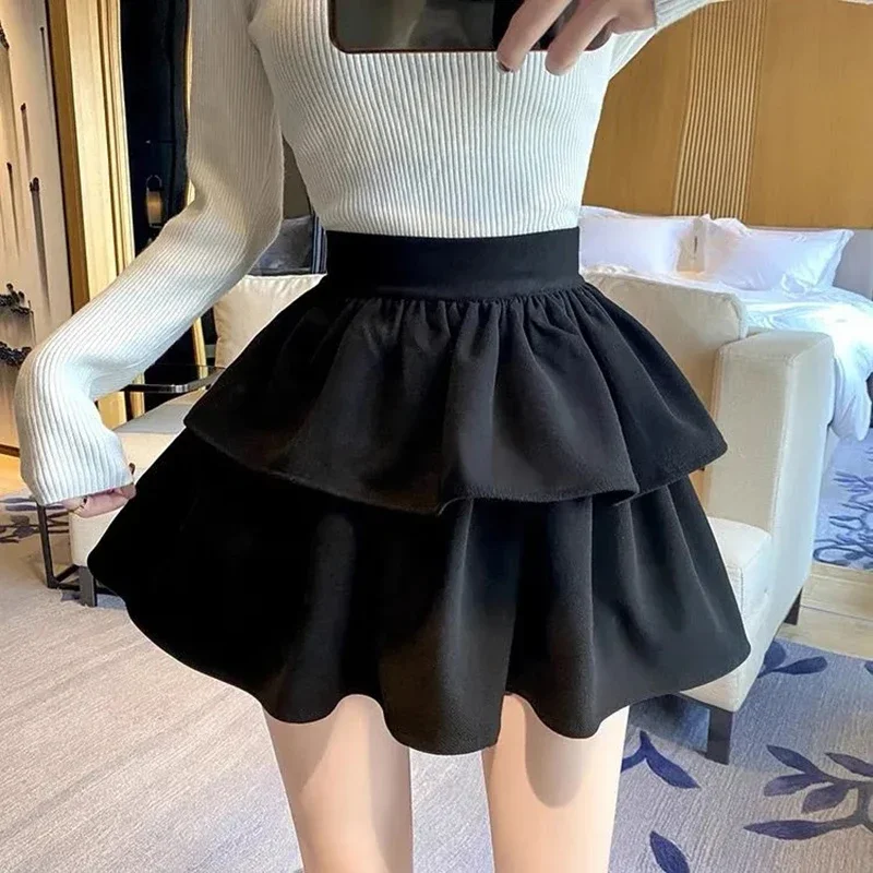 Black Fluffy Skirt Women Fall Winter Harajuku Y2K High Waist Cake Mini Dress Jk Sweet A-Line Pretty Style Student Jazz Skirt