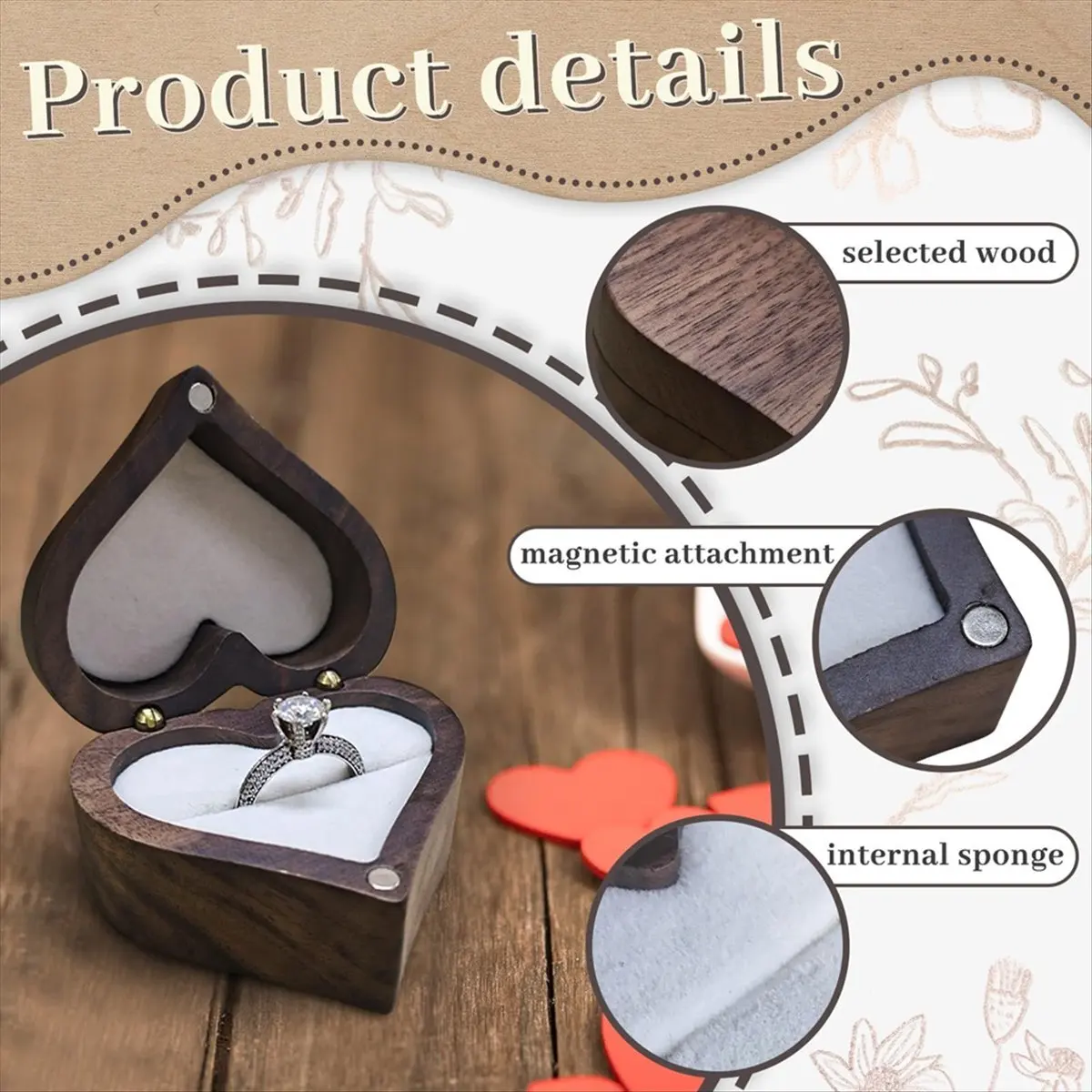 Heart-Shaped Ring Box Wooden Ring Jewelry Box Romantic Wedding Ring Holder Engagement Ring Box Proposal Anniversary,D &LICG