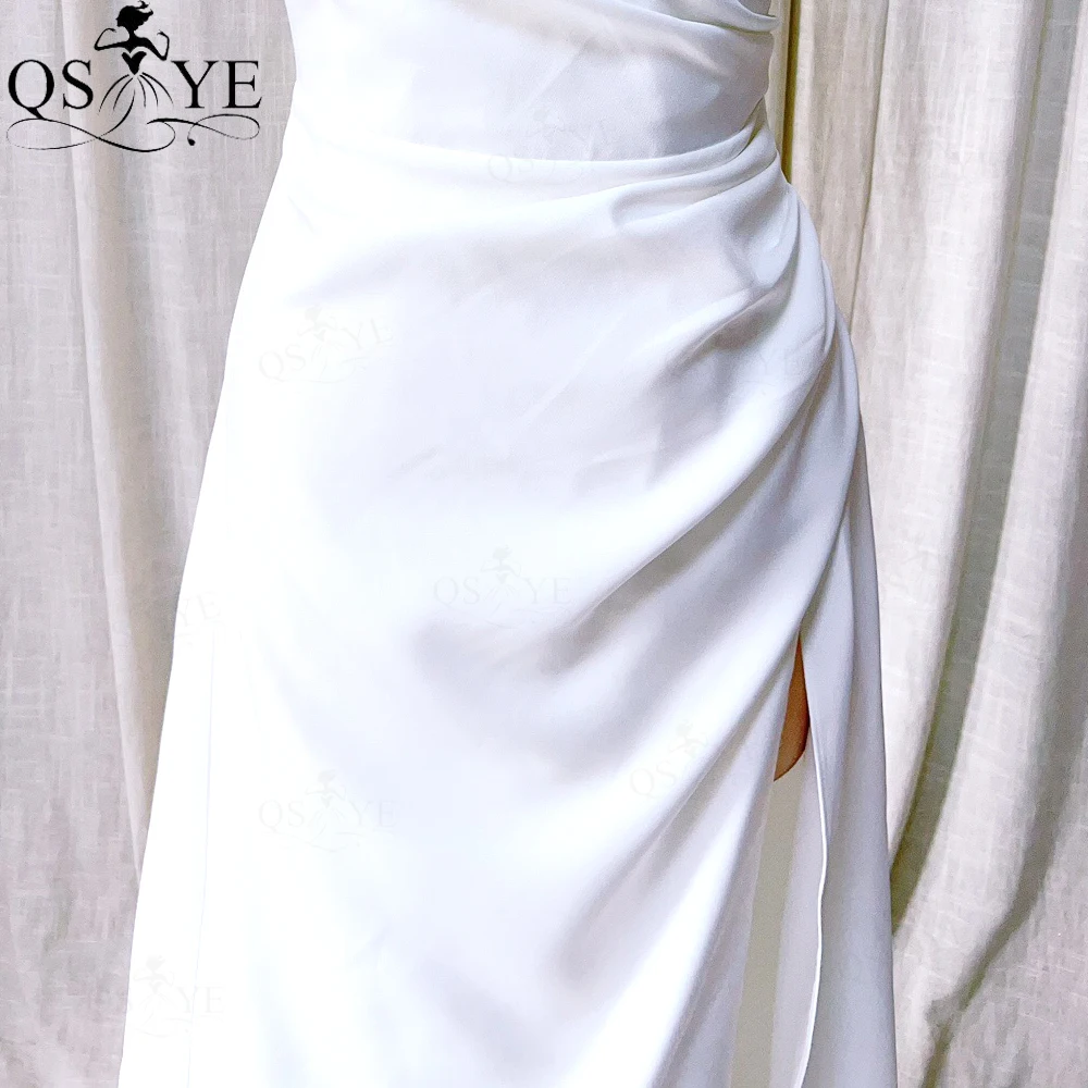 QSYYE White Satin Prom Dresses A line V neck Ruched Simple Evening Gown Empire Waist Princess White Party Gown