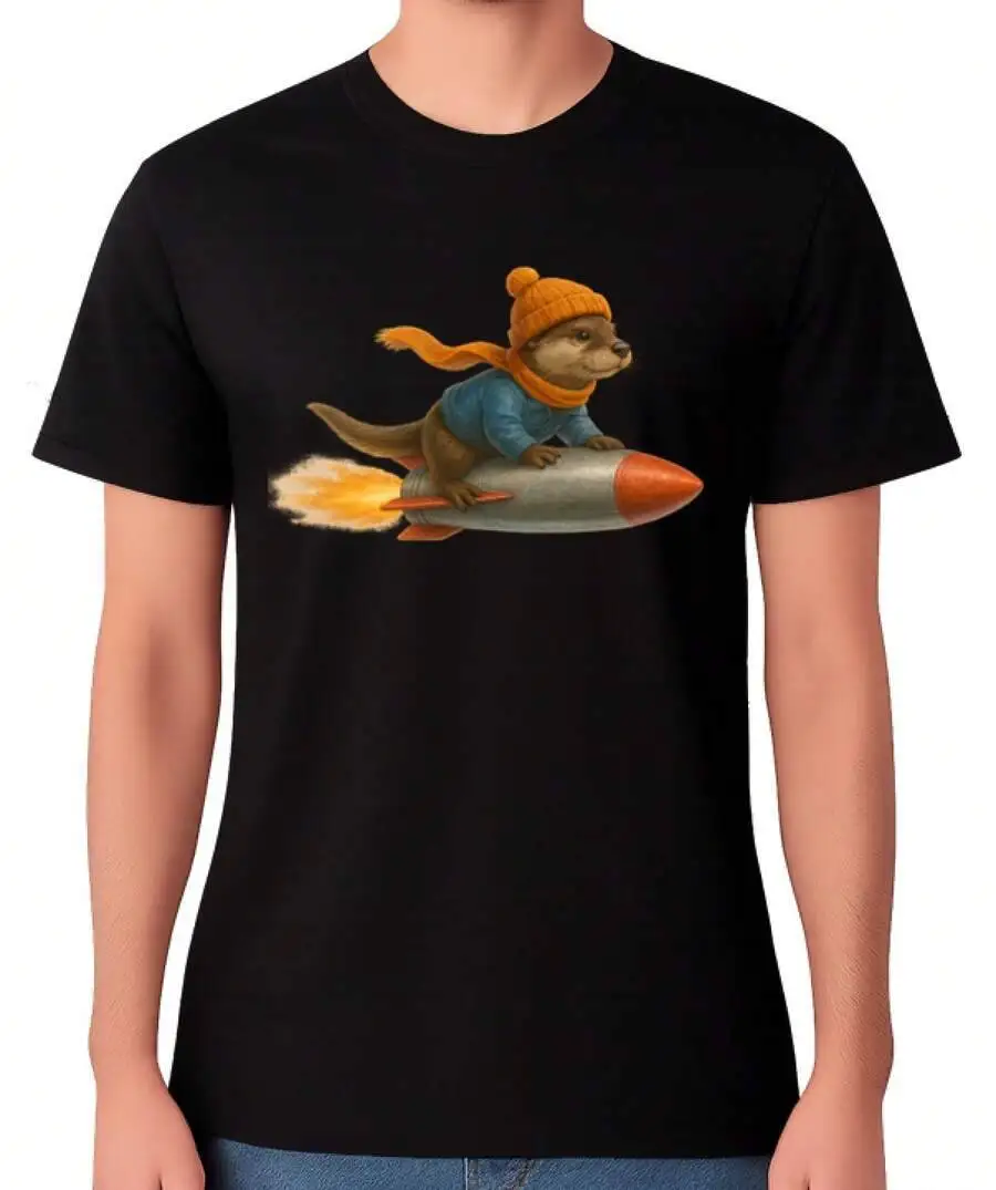 Otter Riding Rocket Unisex T-Shirt Funny Animal Adventure Graphic Tee 100% Cotton Trendy Y2K Short-Sleeve Tee-Soft,