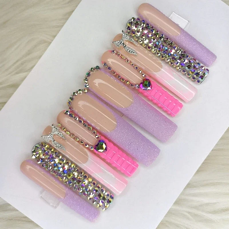 

Handmade Luxury XXXL Long Press On Nails Y2K Glitter Rhinestone False Nails Reusable Thick Acrylic Fake Nail With Glue Manicure