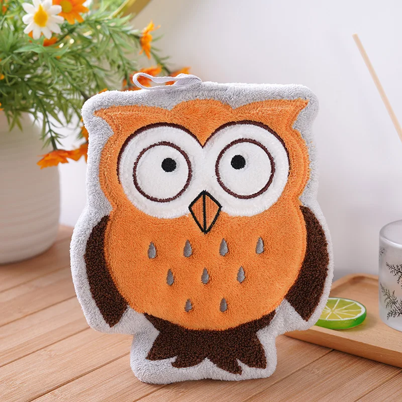 Cute Hand Towels with Hanging Hoop Cartoon Owl Shaped Soft Plush Hanging Towels Home Decoration