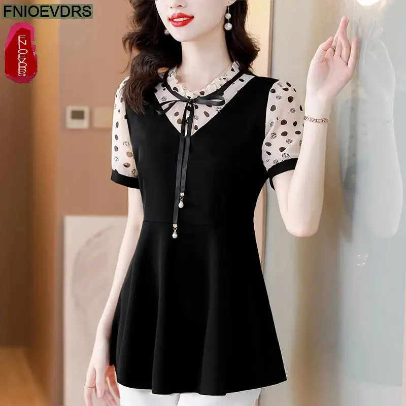 M5XL Loose Clothes 2024 Women Summer Short Sleeve Elegant Ruffles Shirts Casual Retro Tunic Peplum Bow Tops And Blouses