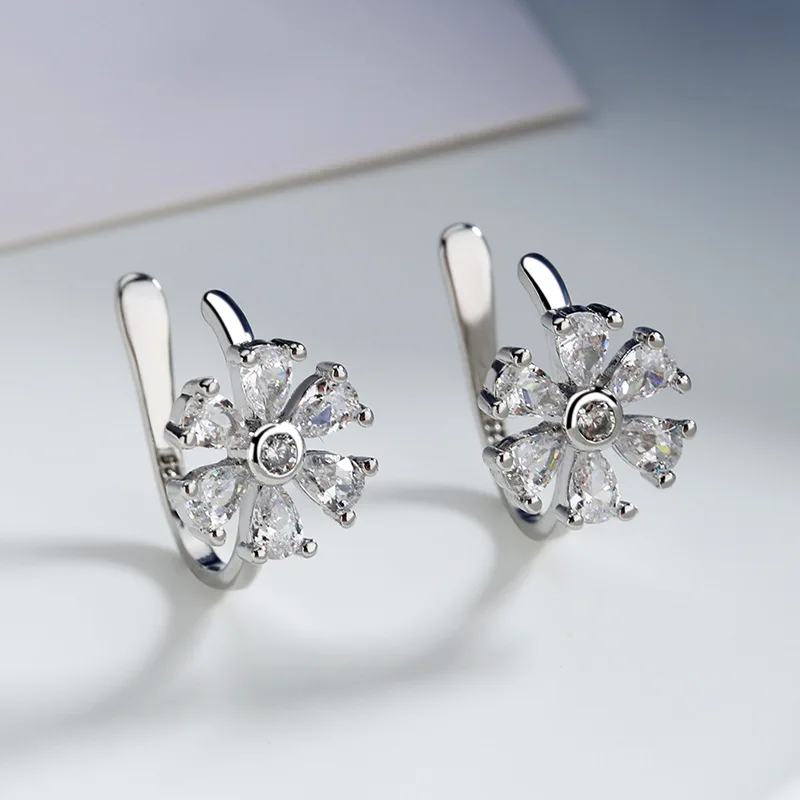 1PC Silver Color Fashion Crystal Flower No Piercing Cuff Ear Clip Earring For Women Shiny Zircon Fake Cartilage Piercing Jewelry
